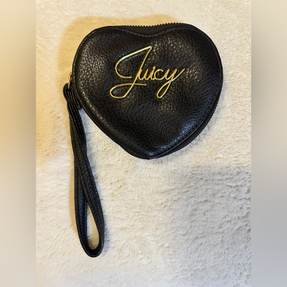 Juicy Couture Y2K Heart Wristlet Coin Purse Black Zip Pouch Gold Logo Cute